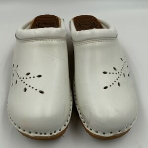 Troentorp Swedish Clogs White Leather Perforated Floral Mule Wood Sole Womens 37